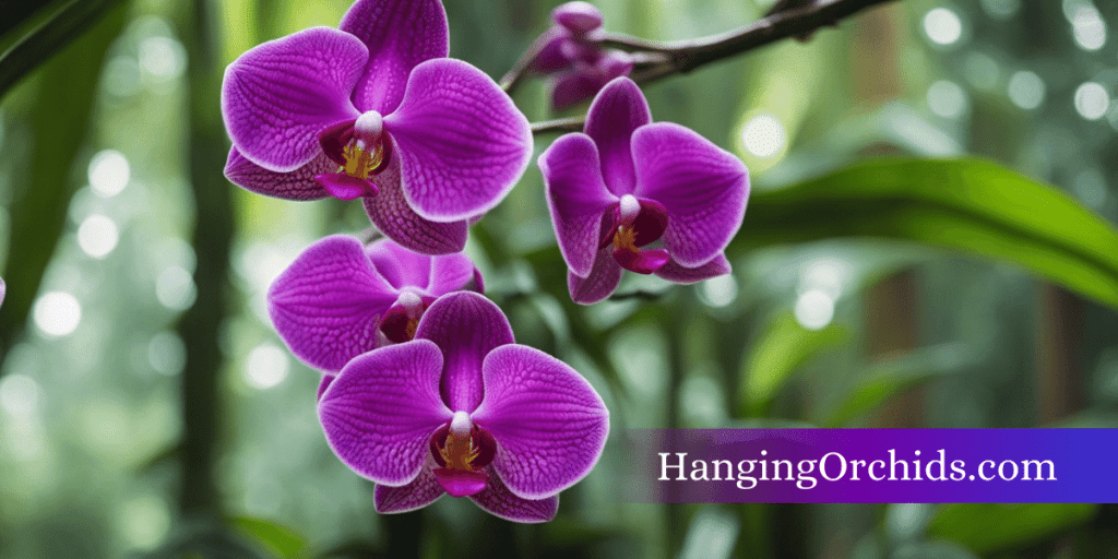 Several varieties of hanging orchids dangle from tree branches in a lush tropical rainforest setting