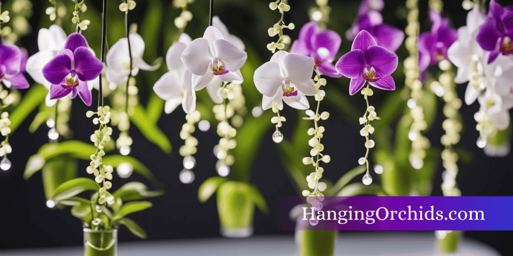 Hanging orchids dangle from hooks, surrounded by misters and grow lights, with care tools and fertilizers neatly organized nearby