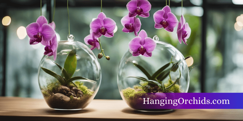 Hanging orchids arranged in glass terrariums, suspended at varying heights from a wooden beam. Soft, natural lighting illuminates the delicate blooms