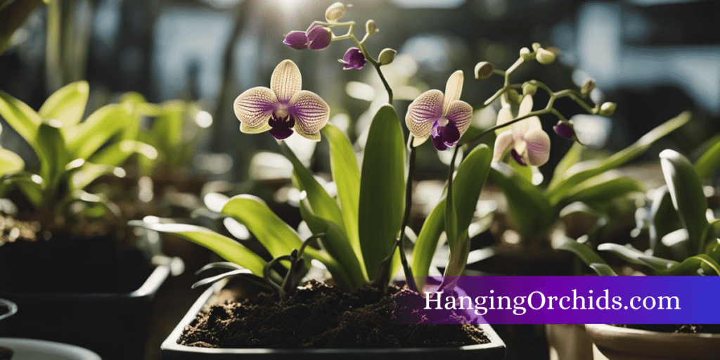 An orchid keiki struggles to grow amidst limited sunlight and crowded roots in a small pot