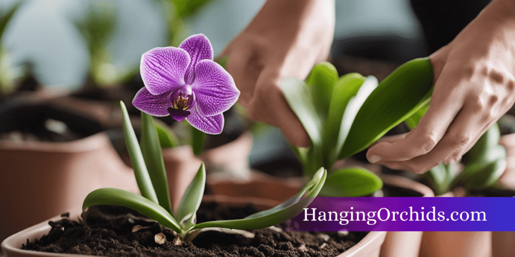 A small orchid keiki is being carefully potted into fresh soil in a new pot, while another keiki orchid is being gently removed from its old pot for repotting